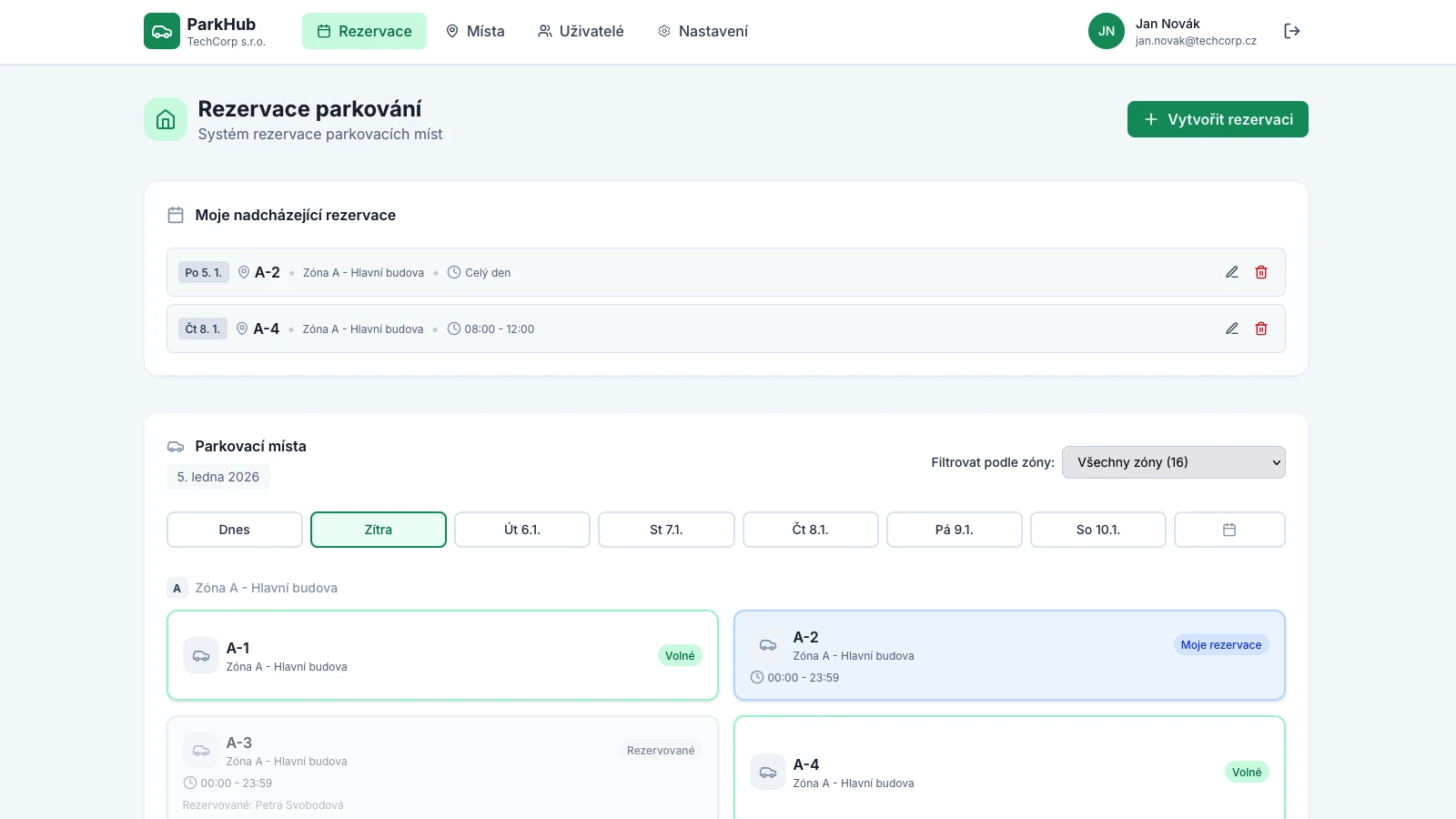 ParkHub aplikace - náhled rezervačního systému